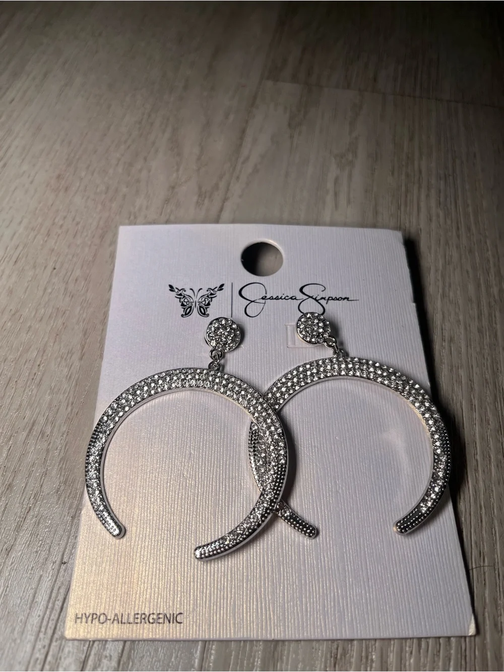 NWT! Jessica Simpson Rhodium-Tone Pave Crescent Hoop Earrings